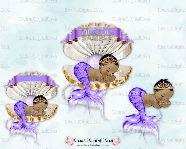 Princess African American Tone Mermaid Baby Girl Sleeping in Clam Shell Purple /& Gold Tiara Tail Pearls Clipart Instant Download