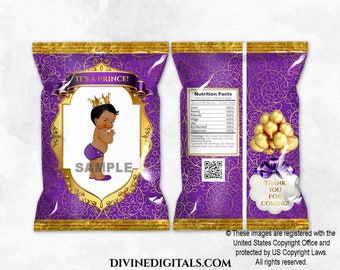 Printable Chip Bags Little Prince Royal Purple & Gold | Baby Boy Dark Tone | African American | Digital Instant Download