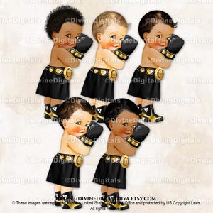 Little Prince Boxer Black Shorts Gloves & Gold Championship Belt Boxing Gloves | Baby Boy 3 Skin Tones | Clipart Instant Download