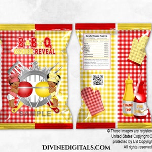 May include: A yellow and red checkered chip bag with a BBQ gender reveal theme. The bag features a cartoon image of two babies, one with a red hat and one with a yellow hat, holding a grill with a red and yellow burger. The text "BBQ Gender Reveal" is printed on the bag.