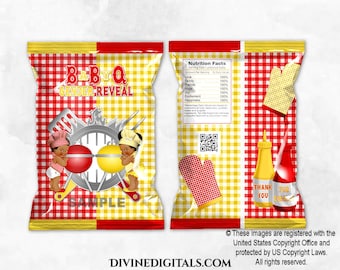 May include: A yellow and red checkered chip bag with a BBQ gender reveal theme. The bag features a cartoon image of two babies, one with a red hat and one with a yellow hat, holding a grill with a red and yellow burger. The text "BBQ Gender Reveal" is printed on the bag.