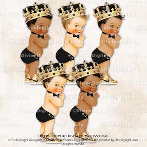 Kleiner Prinz schwarz Windel Fliege verzierte Goldkrone Turnschuhe |  Baby Boy 3 Hauttöne | Clipart Sofort Download