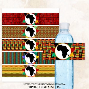 May include: Printable water bottle labels featuring a black silhouette of the continent of Africa on a white circle with yellow, red, green, and brown geometric patterns. The labels are designed for a standard water bottle. The text "DIVINEDIGITALS.COM" is at the bottom of the image.
