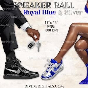Baskets boule jambes bleu royal argent noir costume smoking robe de soirée mode homme & femme peau FONCée Clipart images numériques Téléchargement instantané PNG