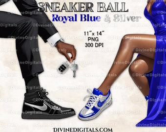 Clipart sneakerbal: koningsblauw, zilver, smokingjurk, donkere huidskleuren (digitale download)