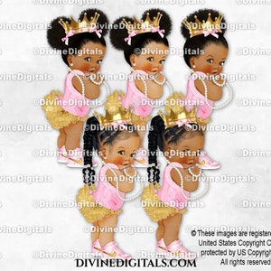 Princesa Ruffle Pantalones Rosa & Oro Zapatillas Corona Perlas / Bebé Niña Bebés Afroamericanos de Color Puffs Trenzas / Clipart Descarga Instantánea