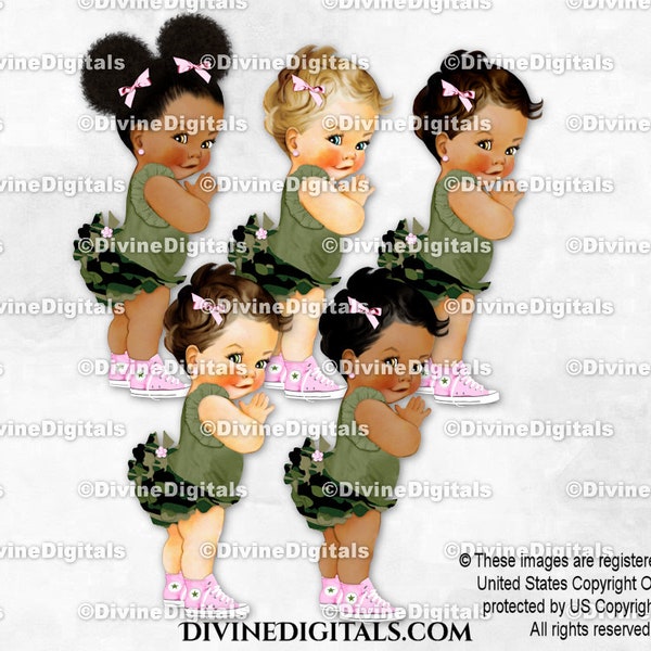 Green Camo Camouflage Pants Olive Shirt Pink Sneakers & Bows | Baby Girl 3 Skin Tones | Clipart Instant Download