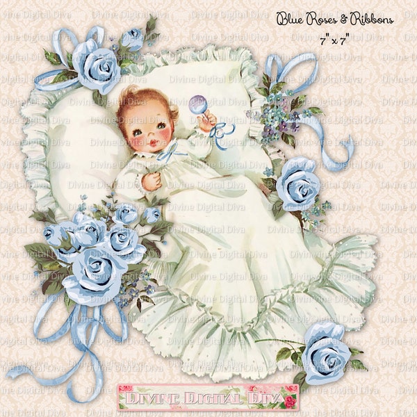 Baby Boy with Blue Roses & Ribbons Christening Baptism | Light Skin Tone | Clipart Instant Download