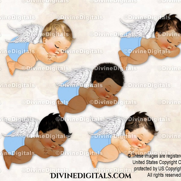 Engel Hellblaue Windelhose Flügel | Schlafender Baby Junge 3 Hauttöne | Clipart Sofort Download