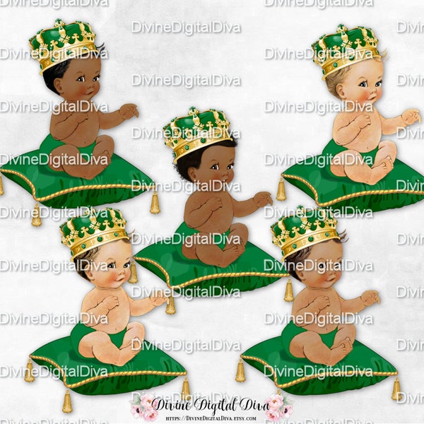 Little Prince Sitting on Pillow Crown Emerald Green & Gold | Baby Boy 3 Skin Tones | Clipart Instant Download