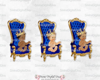 Silla del Trono del Principito Corona Adornada de Oro Azul Real / Niño Sentado 3 Tonos de Piel / Clipart Descarga Instantánea
