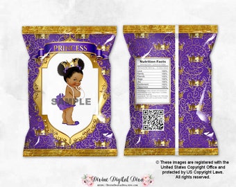 Printable Chip Bags Princess Purple & Gold | Baby Girl Dark Tone Puffs African American  Ethnic | Digital Instant Download