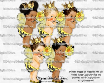 Queen Bee Princess Ruffle Pants Yellow Black Bee Wings Gold Crown Daisy Flower | Baby Girl 3 Skin Tones | Clipart Instant Download