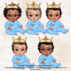 Piccolo Principe Blu Oro Corona Sonaglio Seduto Bambino Maschio 3 Tonalità di Pelle / Baby Shower Rivelazione Sesso Compleanno / Clipart Download Istantaneo