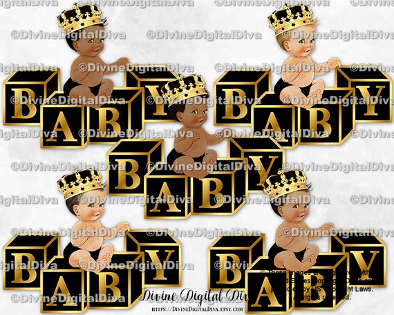 Baby Prince On Blocks Ornate Crown Black & Gold Sitting Baby Boy 3.