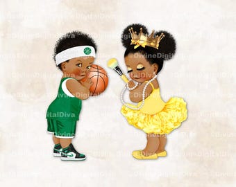 バスケットボールのグリーンメイク、黄色のまつ毛、男の子と女の子のダークトーンのパフのクリップアート