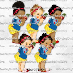 Princesa de cuento de hadas azul, amarillo y rojo sosteniendo una manzana Blancanieves / Niña bebé en 3 tonos de piel / Clipart de descarga instantánea