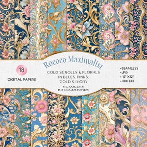 Op de afbeelding: Een verzameling van 18 digitale papieren met Rococo Maximalist-ontwerpen. De naadloze achtergronden tonen gouden krullen en bloemmotieven in blauw, roze, goud en ivoor. Elk papier is 30,48 cm x 30,48 cm en in JPG-formaat.