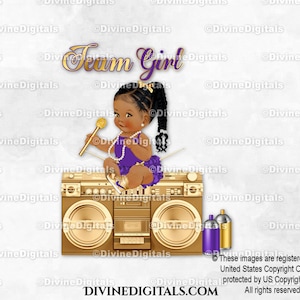 Team Girl paars en goud voor T-shirts en meer DJ Mic | Kleurige vlechten voor baby's | Afro-Amerikaans | Geslachtsbepaling | Direct downloaden