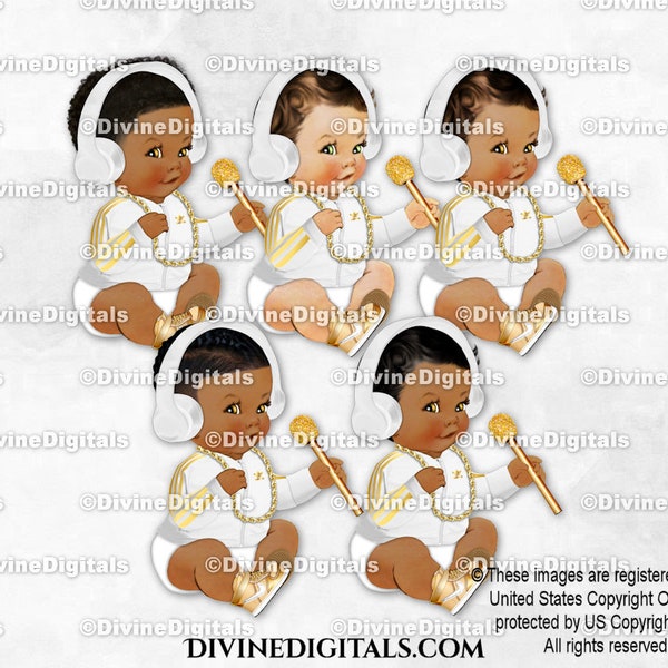 Hip Hop White & Gold Headphones Jacket Diaper Mic Gold Chain Sneakers | Sitting Baby Boy 3 Skin Tones | Instant Download