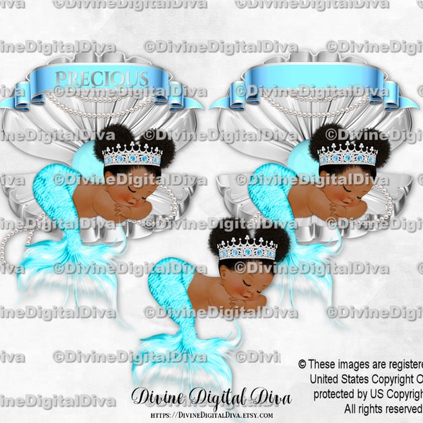 Princess Mermaid Baby Girl Sleeping in Clam Shell Turquoise & Silver Diamond Crown Pearls | Dark Tone African American | Clipart Download