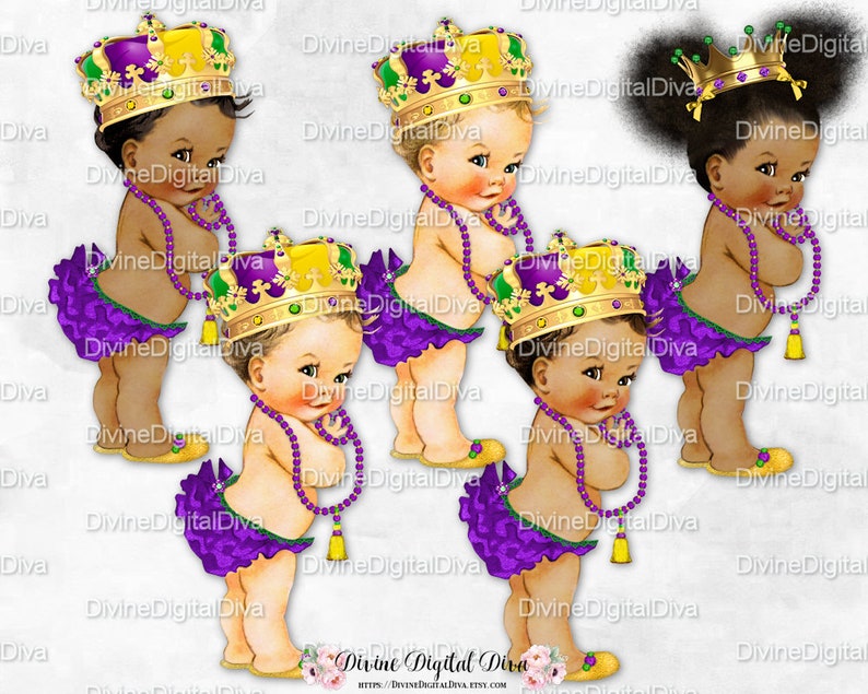 Mardi Gras Princess Ruffle Pants Purple Gold Green Crown Gems Necklace Afro Puffs Vintage Baby Girl 3 Skin Tones Clipart Download