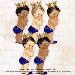 Principito azul marino oscuro con corona dorada / Bebé niño en 3 tonos de piel / Clipart de descarga instantánea
