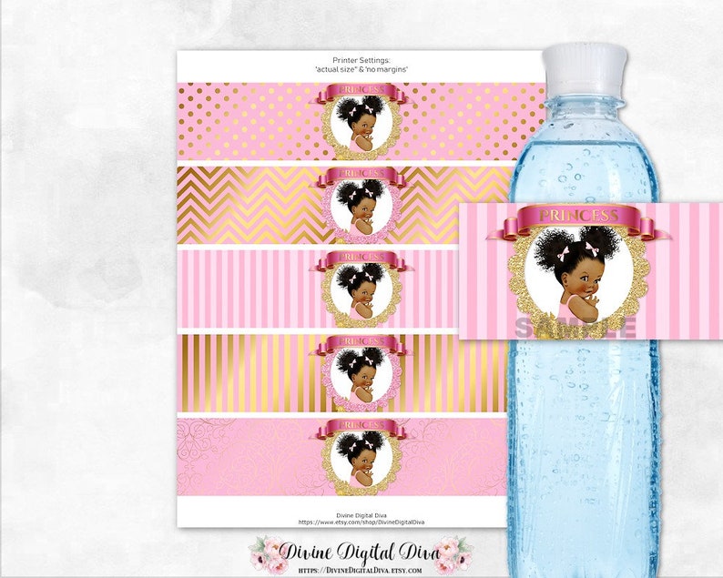 Princess Pink & Gold Water Bottle Labels Dots Stripe Chevron Etsy
