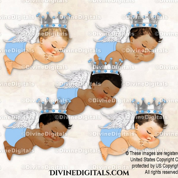 Angel Light Blue Diaper Silver Crown Pants Wings | Sleeping Baby Boy 3 Skin Tones | Clipart Instant Download