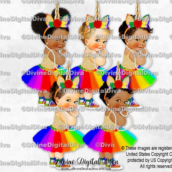 Unicorn Princess Bright Rainbow Colors Tutu Sneakers Unicorn Gold Horn Red Yellow Blue Purple Green | Baby Girl | Clipart Instant Download