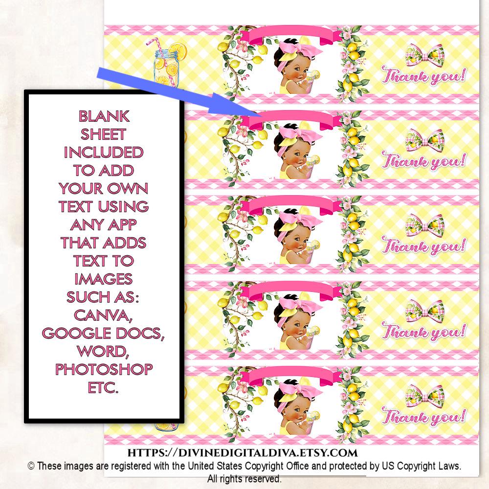 Water Bottle Labels Pink Lemonade Yellow Big Bow Baby Girl Medium Tone ...