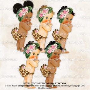 Pantalones de princesa con volantes, estampado floral de safari, tocado, flores en los tobillos, niña, 3 tonos de piel, clipart, descarga instantánea