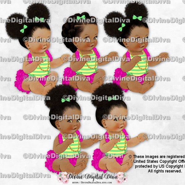 Fresh Princess Hot Pink & Green Stripes | Sitting Baby Girl Babies of Color | Clipart Instant Download