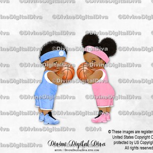Jugadores de baloncesto, camiseta azul y rosa, pantalones cortos, zapatillas de deporte, bebé niño niña, tono oscuro, afroamericano, revelación de género de gemelos, descarga instantánea