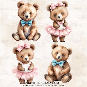 Aquarelle bébé ours bleu noeud papillon tutu rose sexe pour chambre d'enfant garçon fille | Utilisation commerciale des cliparts à téléchargement immédiat