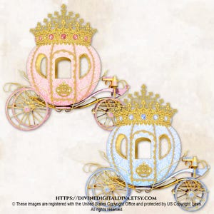 Prince & Princess Fairytale Carriage Pink Blue Gold Diamond Crown | Baby Boy Girl | Clipart Digital Instant Download