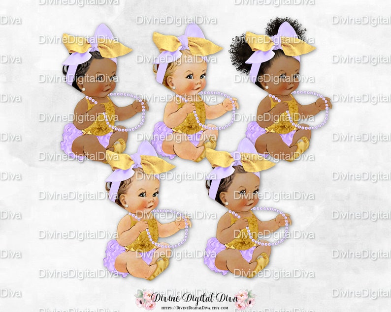 Clipart Instant Download Princess Ruffle Pants Baby Sister Lavender /& Gold Head Bow Ballet Slipper Pearls Vintage Baby Girl 3 Skin Tones