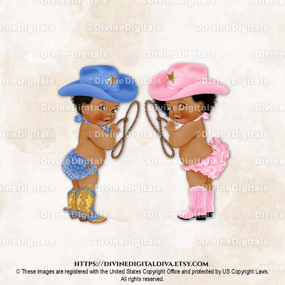 Cowboy Cowgirl Blue Pink Boots Hat Lasso | Baby Girl Boy Dark Tone Curly Hair | Gender Reveal | Clipart Instant Download
