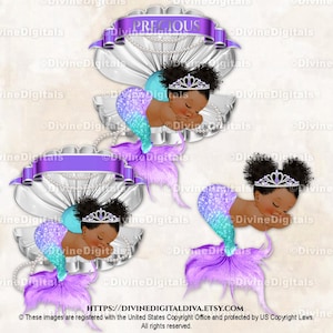 Mermaid Sleeping in Clam Shell Purple Lavender Teal Silver Tiara Tail Pearls | Baby Girl Dark Tone Puffs | Clipart Instant Download