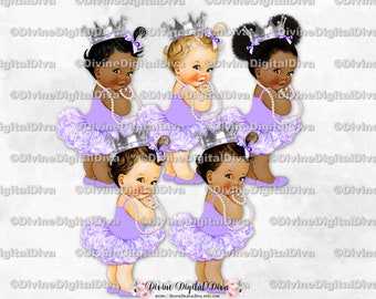 Princess Ballerina Lavender Silver Crown Pearl Necklace | Baby Girl 3 Skin Tones | Clipart Instant Download