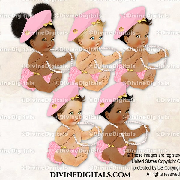 Pink & Gold Ruffle Pants Beret Cherry Blossom Pearls | Sitting Baby Girl 3 Skin Tones | Clipart Instant Download