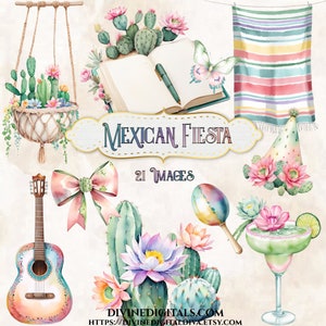 May include: A set of 21 digital images featuring watercolor illustrations of cacti, flowers, a guitar, a maraca, a margarita glass, a sombrero, a butterfly, a book, a bow, and a striped blanket. The images are perfect for creating invitations, party decorations, or other crafts. The text "Mexican Fiesta" is displayed in a banner at the top of the image.