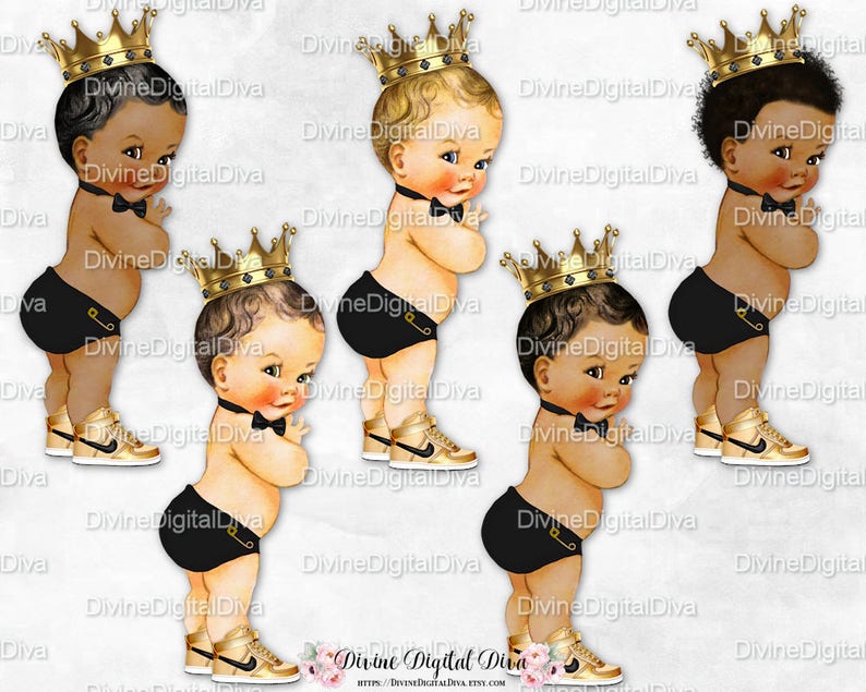 Baby Boy 3 Skin Tones Clipart Instant Download Little Prince Black Diaper Bow Tie Gold Crown Sneakers
