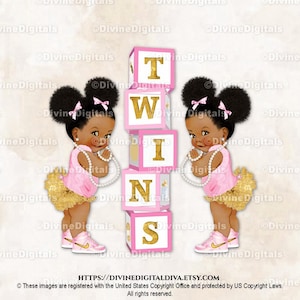 Twin Girls Princesses Baby Blocks TWINS Pink & Gold Sneakers Dark Tone Puffs Clipart