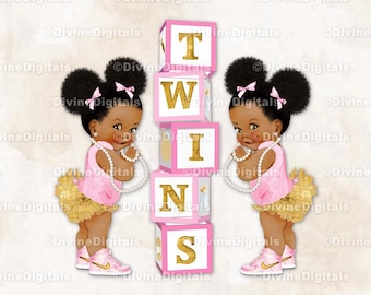 Twin Girls Princesses Baby Blocks TWINS Pink & Gold Sneakers Dark Tone Puffs Clipart
