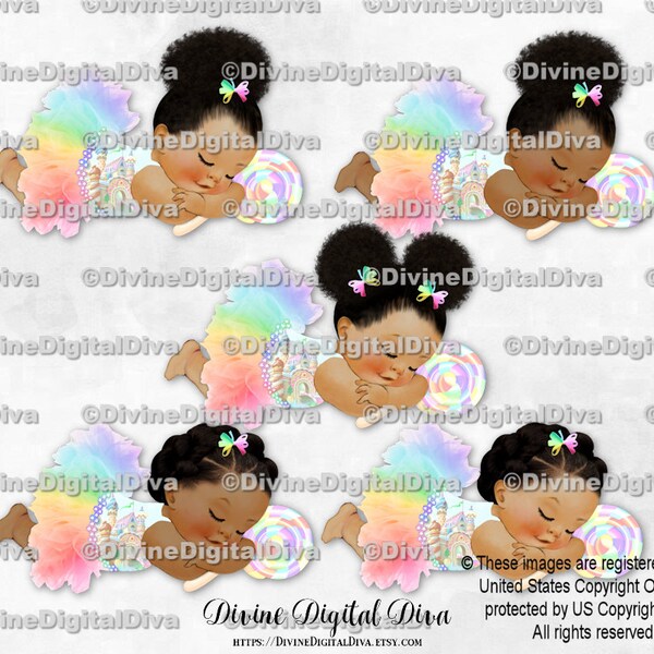 Pastel Rainbow Tutu Gold Shirt Gem Belt Lollipop Candy | Sleeping Baby Girl Babies of Color African American | Clipart Instant Download