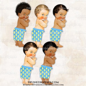 May include: A digital illustration featuring six vintage-style baby figures with various skin tones. Each baby wears blue shorts patterned with yellow pineapples. The babies are standing and looking to the side, with their hands clasped.