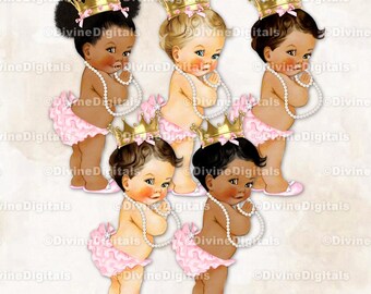 Clipart princesse, perles roses, couronne dorée, bébé fille