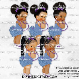 Ruffle Pants Blue Denim Purple & Pearls Sneakers | Baby Girl Babies of Color Braids Puffs | Clipart Instant Download