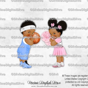 Basketbalcheerleader blauwroze | Donkere soezen babyjongen, meisje | Etnisch Afro-Amerikaans | Gender Reveal-tweeling | Clipart direct downloaden
